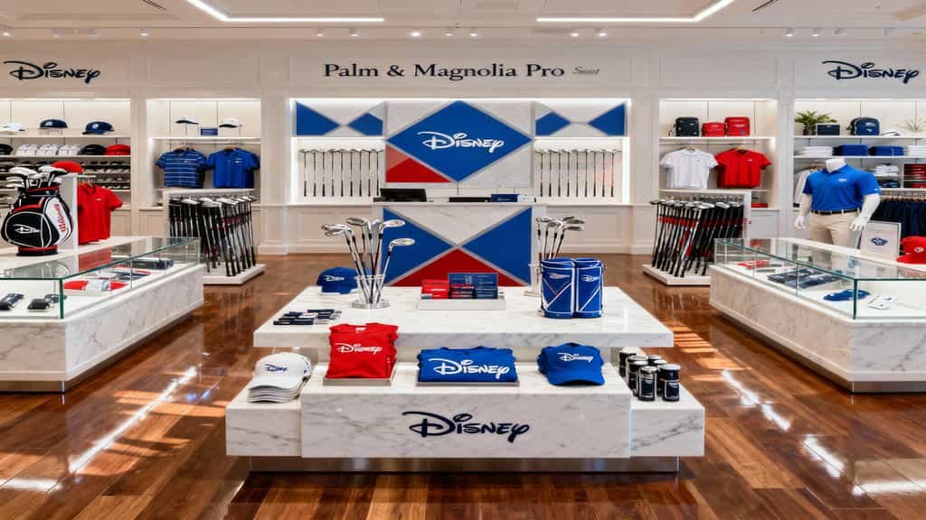 Interior view of Disney’s Palm and Magnolia Clubhouse Pro Shop with golf apparel and clubs.