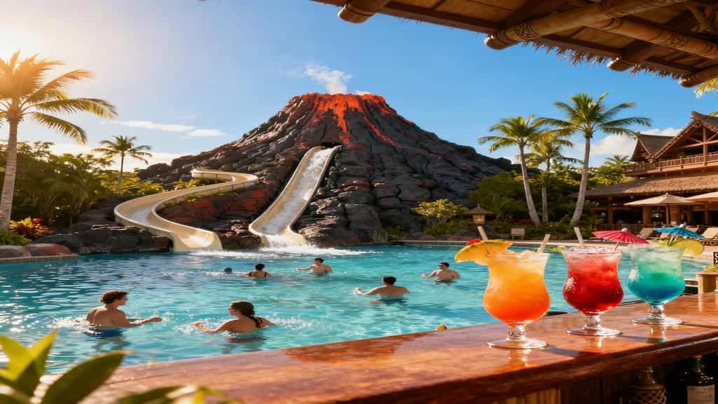 Families swimming at Disney’s Polynesian Village Resort Lava Pool beside volcano slide and palm trees.
