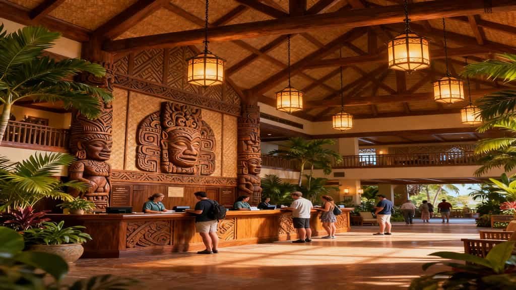 Interior of the Great Ceremonial House at Disney’s Polynesian Village Resort featuring tropical plants and wood carvings.