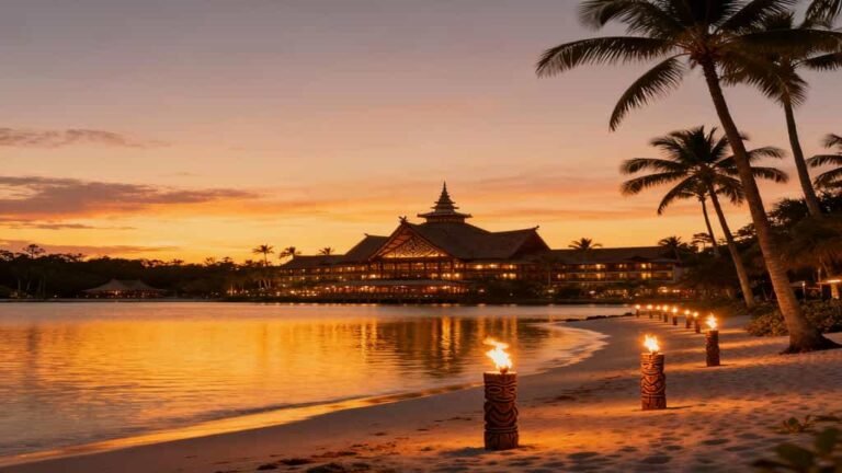 Sunset view across Seven Seas Lagoon toward Disney’s Polynesian Village Resort with glowing tiki torches and palm trees.