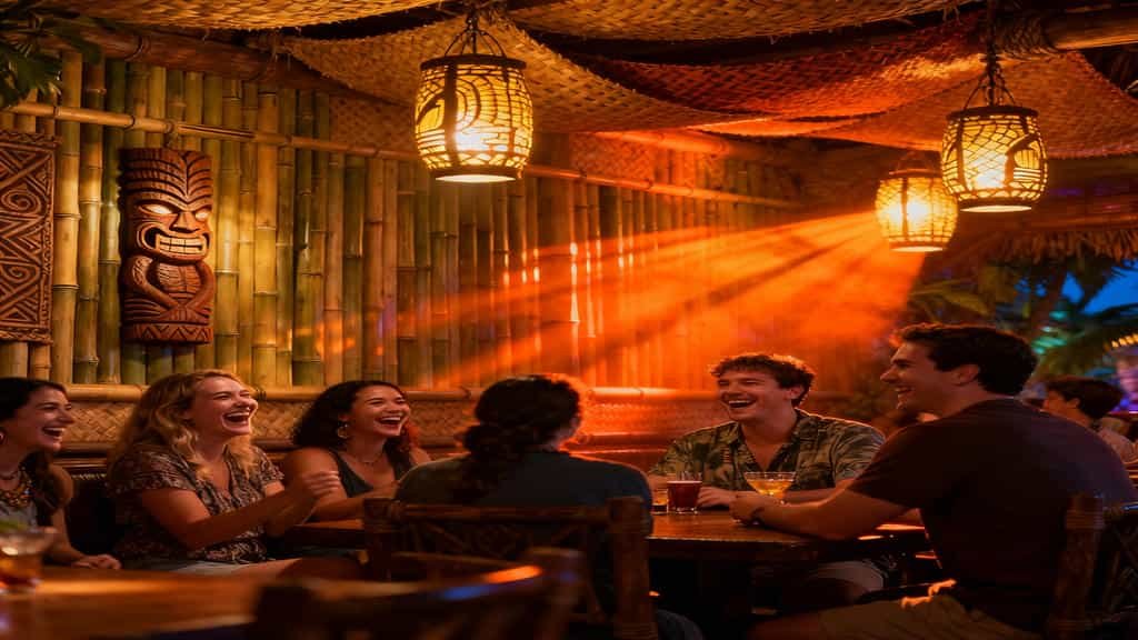 Guests enjoying tropical drinks inside Trader Sam’s Grog Grotto at Disney’s Polynesian Village Resort.