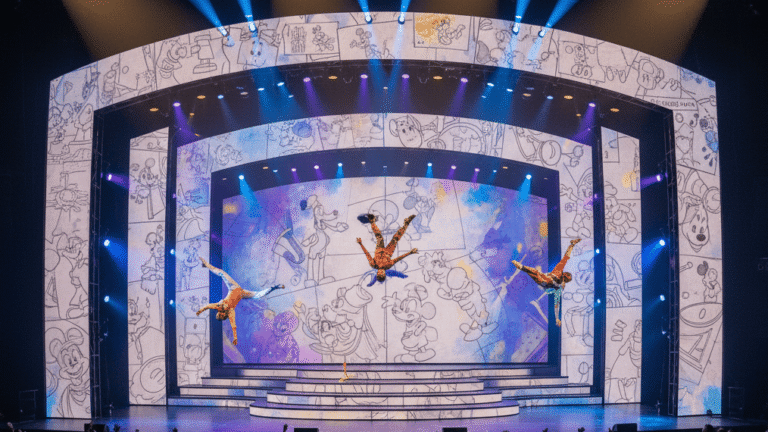 Stage view of Drawn to Life with Cirque du Soleil acrobats performing in front of Disney animation projections, Disney Springs Orlando.