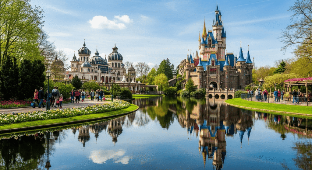 Efteling Theme Park Tickets: Visitors exploring Efteling Theme Park in the Netherlands with the Symbolica Palace and fairytale castle in view on a sunny day.
