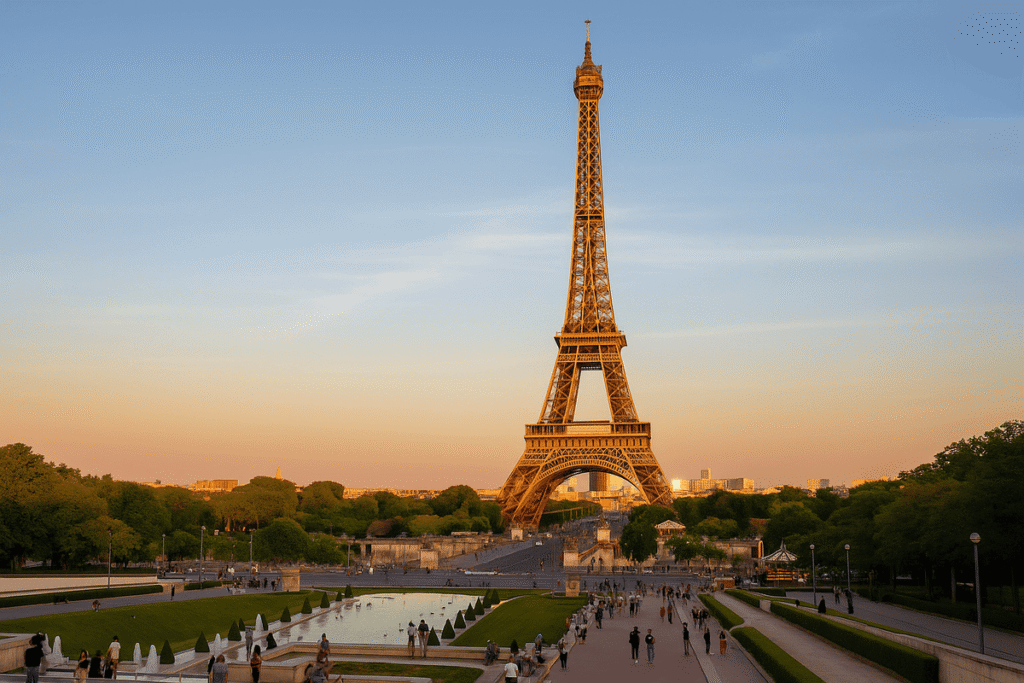 The Eiffel Tower at golden hour seen from the Trocadéro Gardens in Paris.