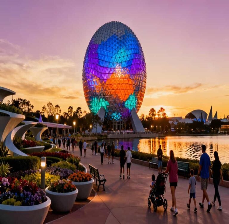 Epcot Spaceship Earth at sunset with visitors in World Celebration, Walt Disney World Orlando.