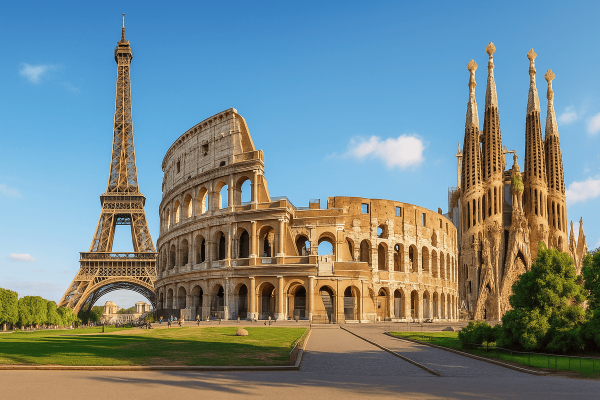 Europe Attraction Tickets: A panoramic image showing the Eiffel Tower, Colosseum, and Sagrada Família under clear blue skies, representing top European attractions.