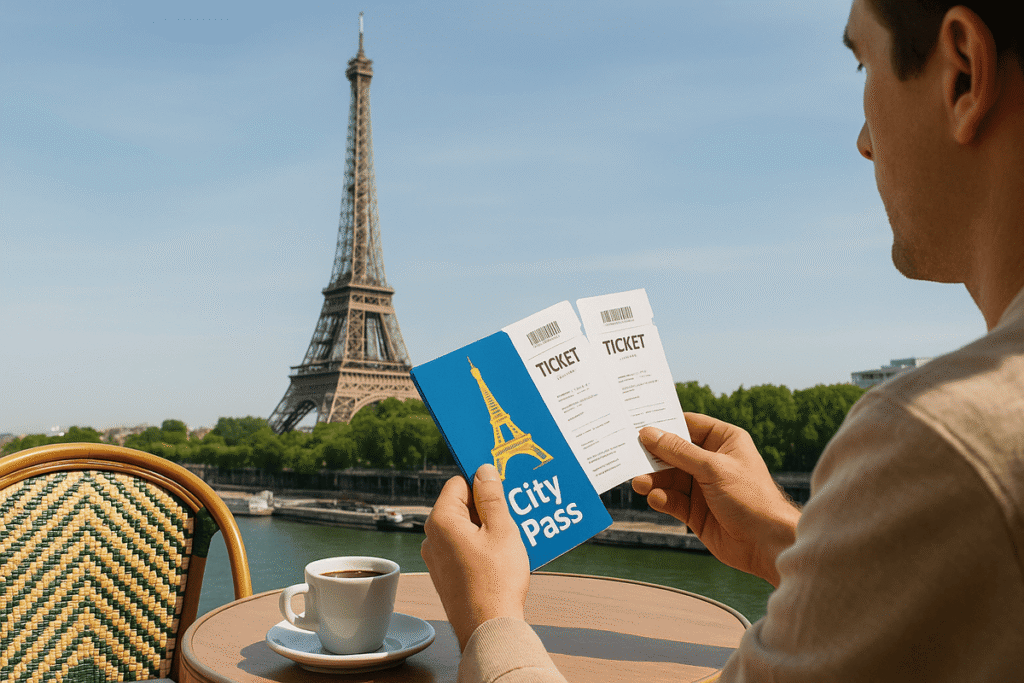 Tourist in Paris at a café with Eiffel Tower view, planning attractions with tickets and a city pass
