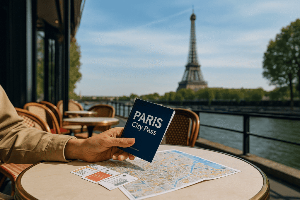 Traveller in Paris at a café table with Eiffel Tower view, planning with city passes, tickets and a map