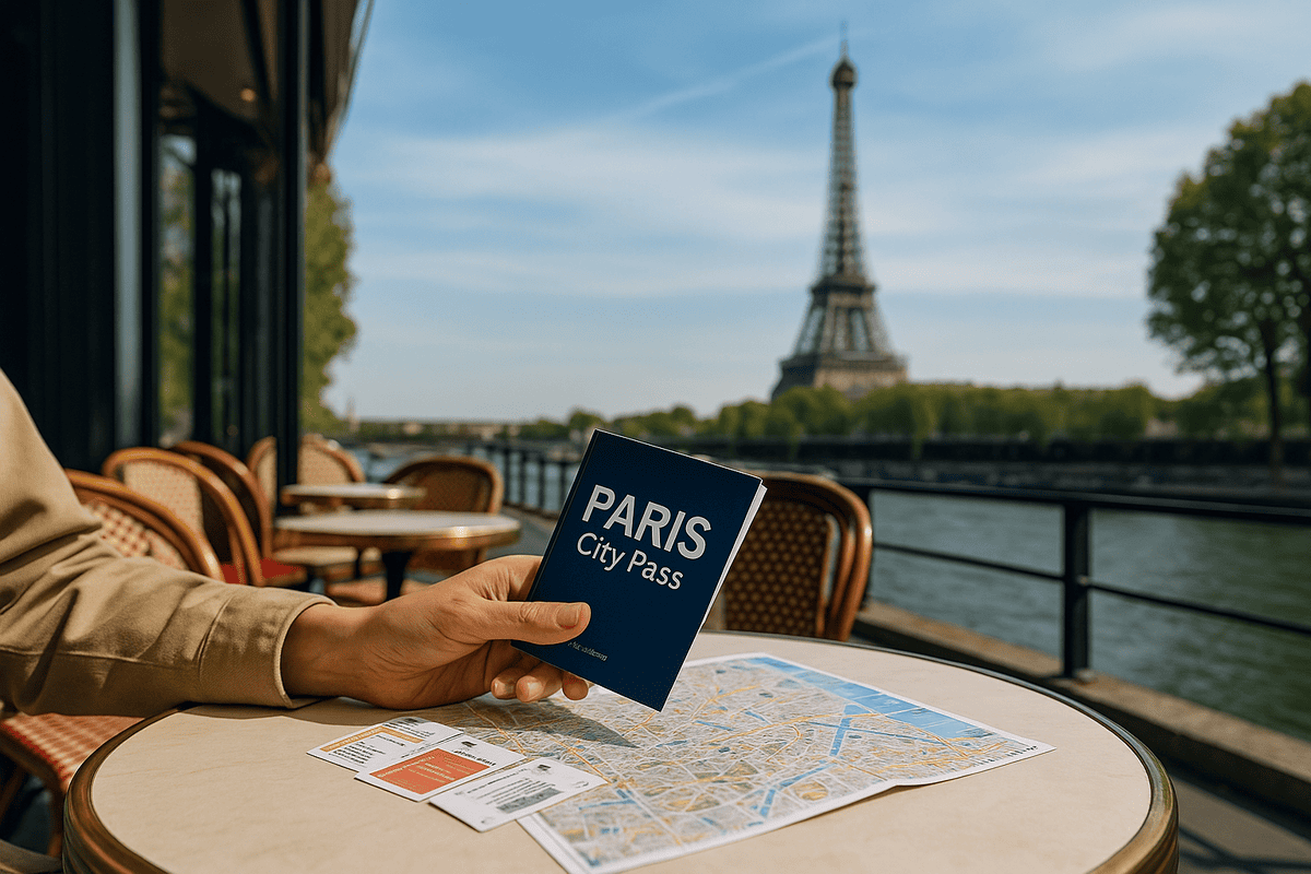 Traveller in Paris at a café table with Eiffel Tower view, planning with city passes, tickets and a map