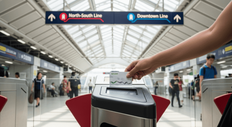 EZ-Link Card Singapore: A Traveller using an EZ-Link Card to tap in at a Singapore MRT station entrance with turnstiles and transport signs visible.