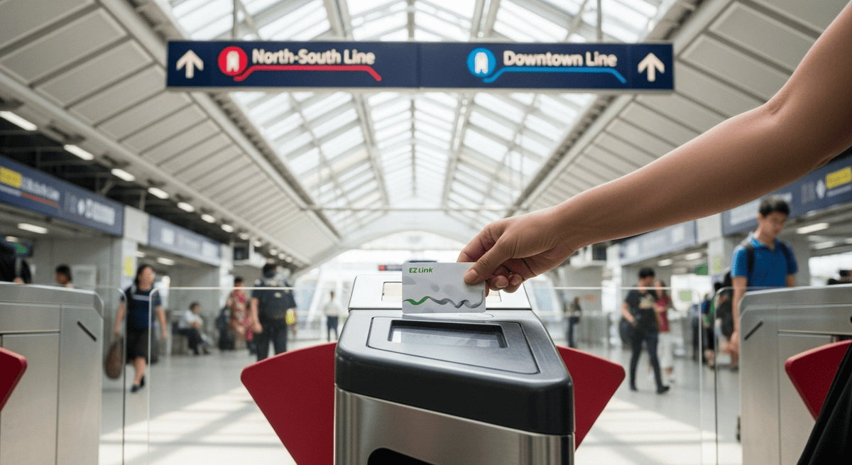 EZ-Link Card Singapore: A Traveller using an EZ-Link Card to tap in at a Singapore MRT station entrance with turnstiles and transport signs visible.