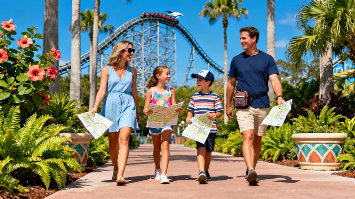 SeaWorld Orlando Guide: Family visiting SeaWorld Orlando theme park with rides and attractions in the background
