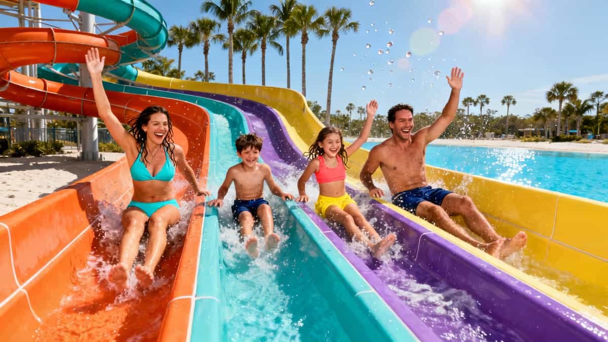 Aquatica Orlando Guide: Family racing on water slides at Aquatica Orlando, perfect for kids and Disney trips