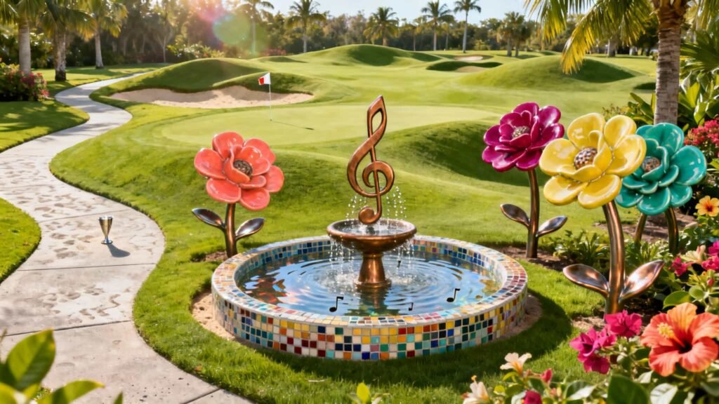 Close-up of a vibrant mini golf hole featuring floral borders, creative sculpted obstacles, and music-themed design elements surrounded by lush greenery at Fantasia Gardens Mini Golf, Walt Disney World.