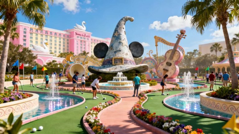 Bright, hyper-realistic view of Fantasia Gardens Mini Golf at Walt Disney World with Fantasia-themed statues, fountains, and guests playing beneath palm trees near the Swan & Dolphin Resort.