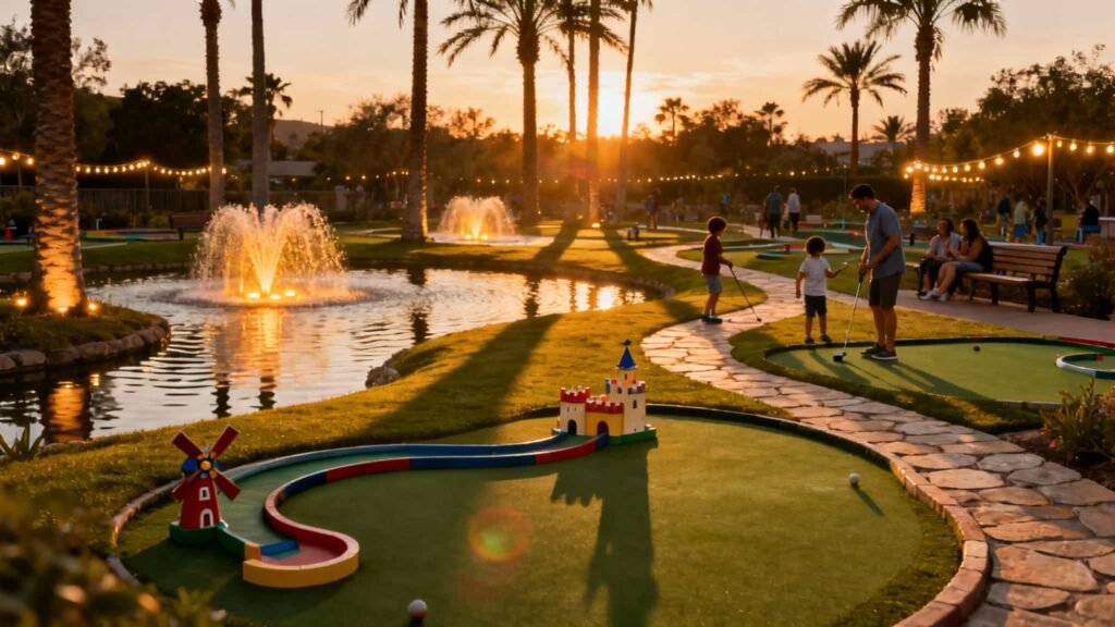 Fantasia Gardens Mini Golf Guide: Whimsical mini golf course at sunset with softly lit fountains, tropical palm trees, and golden reflections creating a calm, family-friendly evening scene near Walt Disney World’s Epcot Resort Area.