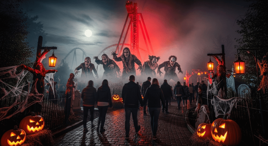 Fright Night at Thorpe Park Tickets: Visitors at Thorpe Park Fright Night with scare actors and fog-filled paths under eerie lighting.