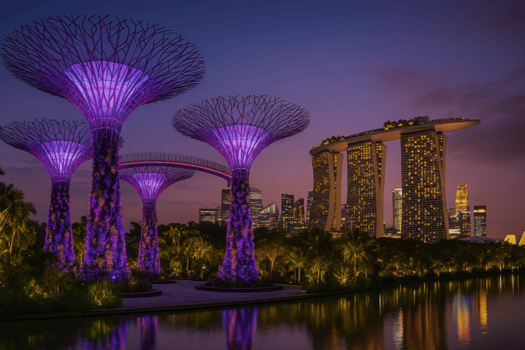 Supertree Grove at Gardens by the Bay glowing at twilight with Marina Bay Sands behind.