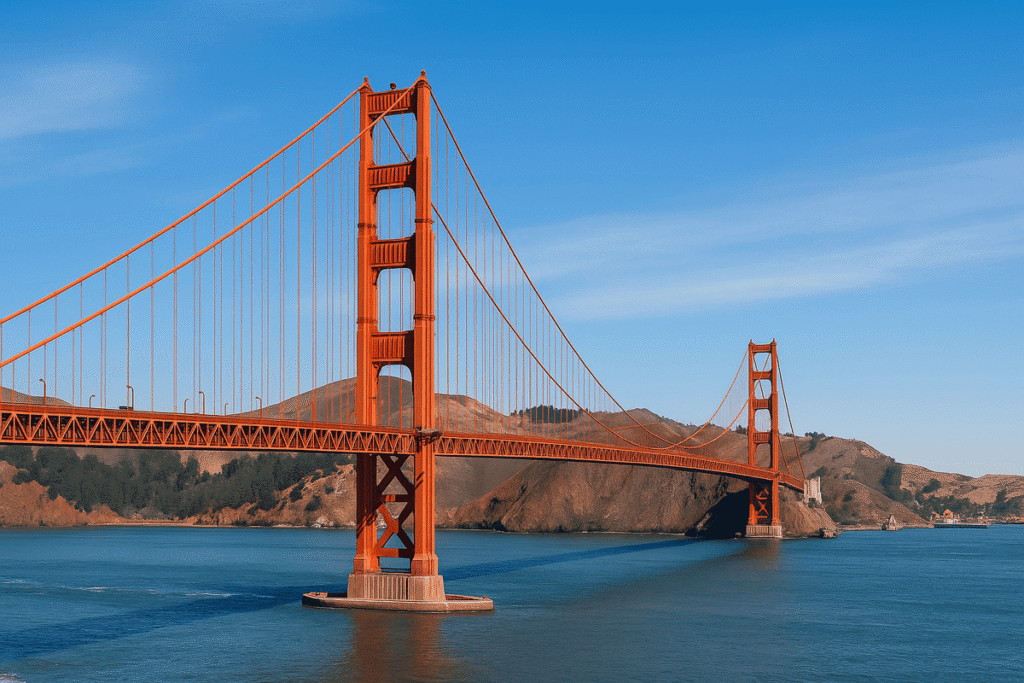 The Golden Gate Bridge in San Francisco on a sunny day with calm waters below.