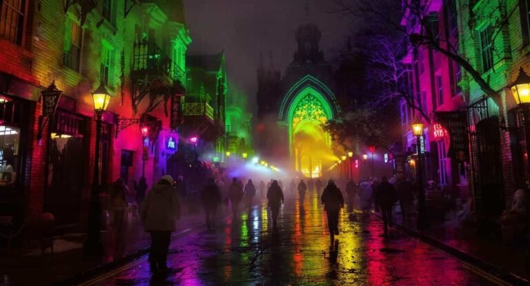 Halloween Horror Nights: Nighttime scare zone with fog, scare actors and a haunted house entrance.