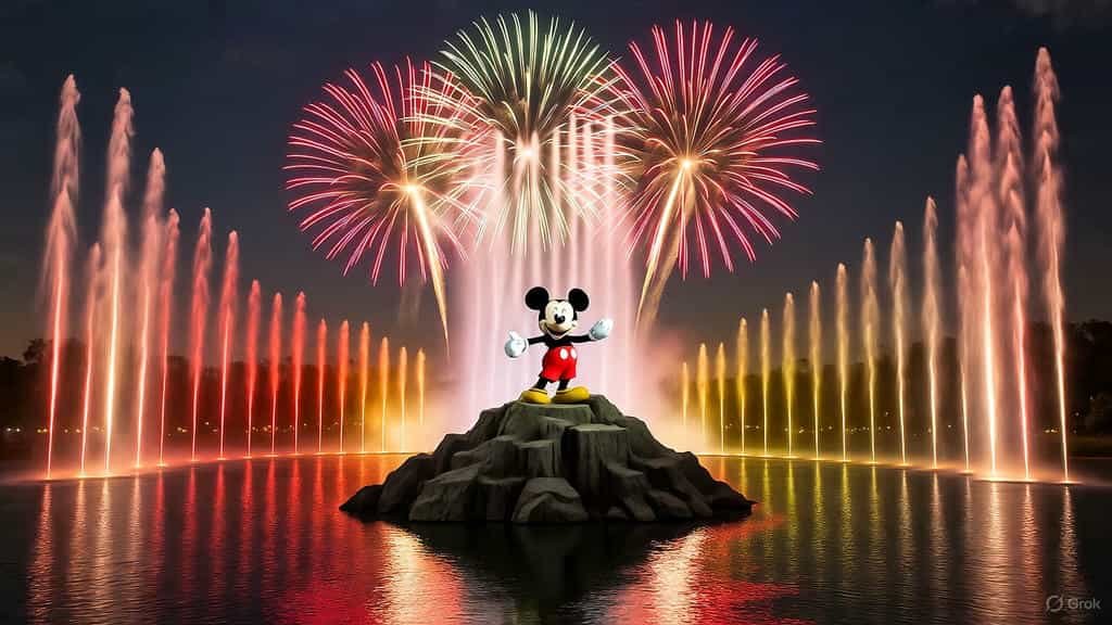 Mickey on stage surrounded by fountains and fireworks during Fantasmic! at Disney’s Hollywood Studios Florida.