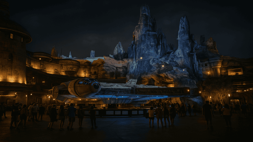 Hollywood Studios Guide: Nighttime view of the Millennium Falcon in Star Wars: Galaxy’s Edge, Disney’s Hollywood Studios Florida.