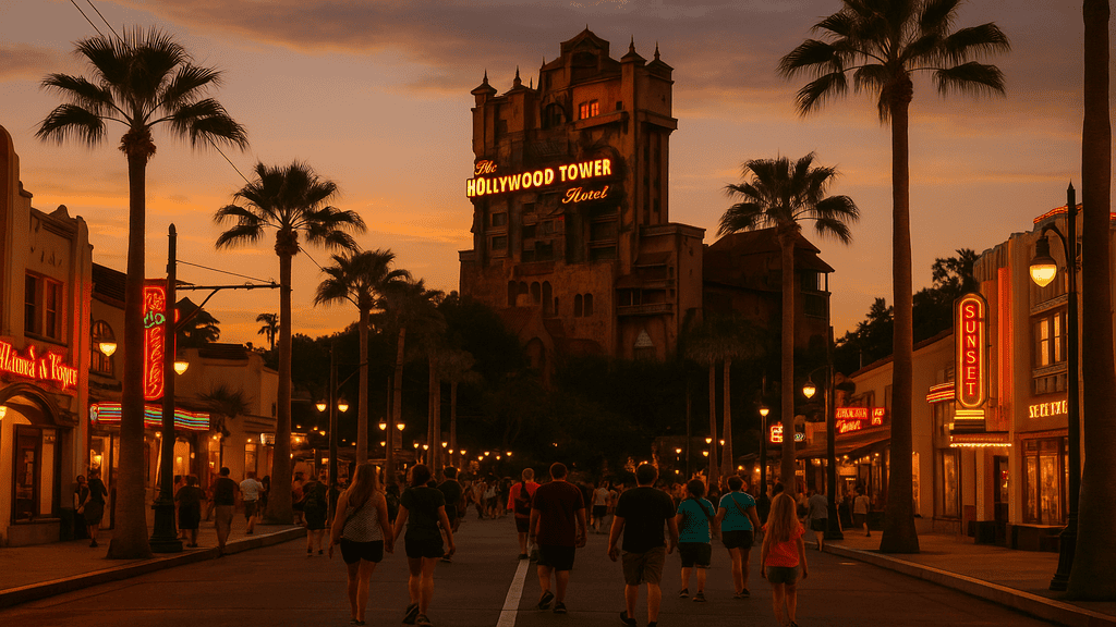 Guests stroll down Sunset Boulevard toward the Tower of Terror at Disney’s Hollywood Studios during sunset.