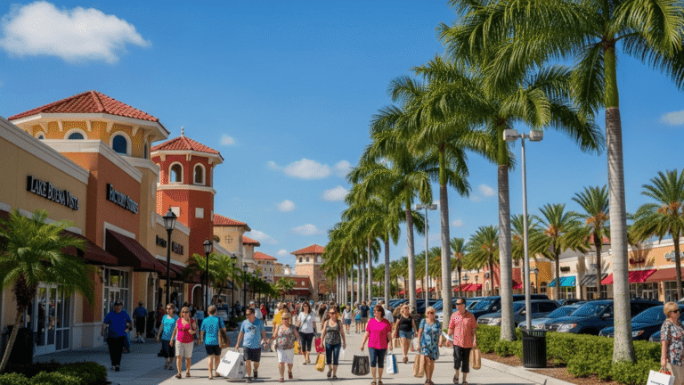 Palm-lined parking and shoppers at the exterior of Lake Buena Vista Factory Stores in bright midday light.