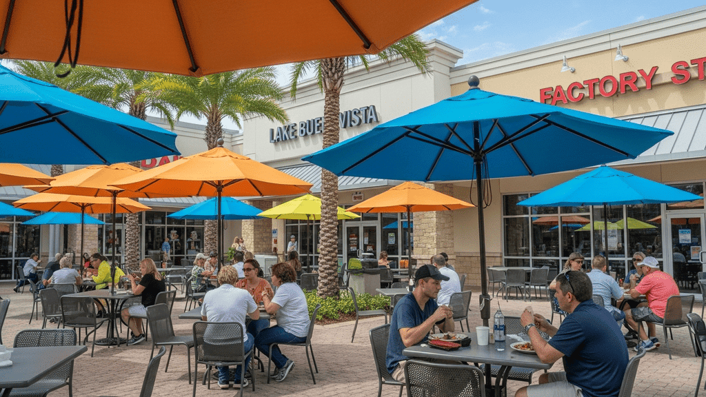 Lake Buena Vista Factory Stores: Families dining in the outdoor food court at Lake Buena Vista Factory Stores surrounded by palm trees.