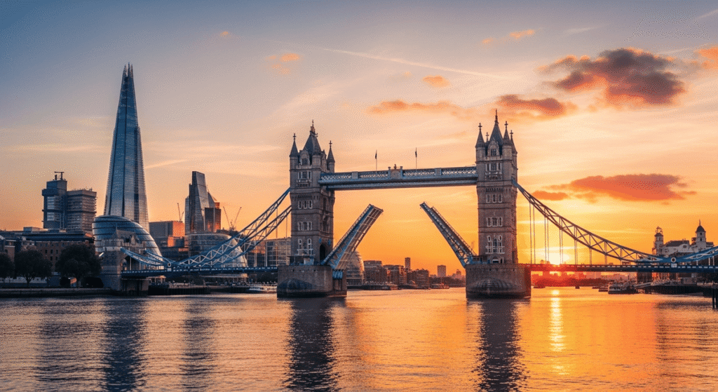 London Travel Guide: Tower Bridge opening at sunset with the Shard and Thames skyline visible across the river.