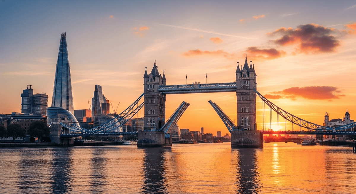 London Travel Guide: Tower Bridge opening at sunset with the Shard and Thames skyline visible across the river.