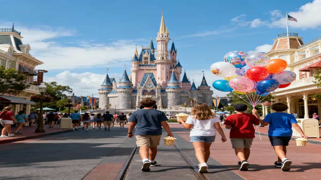 Daytime scene of visitors walking toward Cinderella Castle along Main Street U.S.A. at Magic Kingdom.