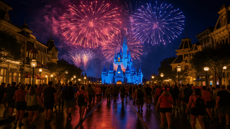 Fireworks over Cinderella Castle in Magic Kingdom, with guests watching from Main Street U.S.A.