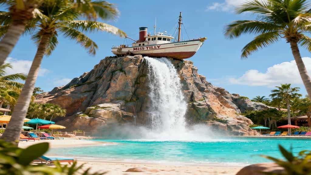 Disney Water Parks: Miss Tilly shrimp boat perched on Mount Mayday summit with water geyser erupting, palm trees, and water park visible below at Typhoon Lagoon