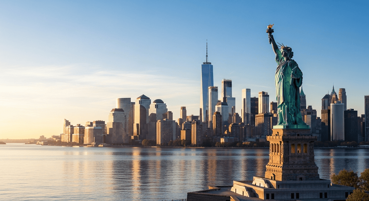 New York City Travel Guide: Statue of Liberty with Manhattan skyline and Hudson River in sunlight, symbolising New York City travel guide.