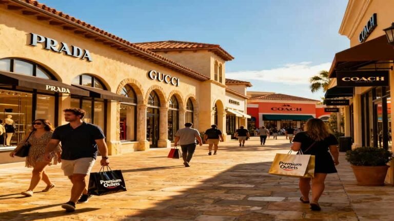 Shoppers walking past luxury brand storefronts such as Prada and Gucci at Orlando Vineland Premium Outlets.