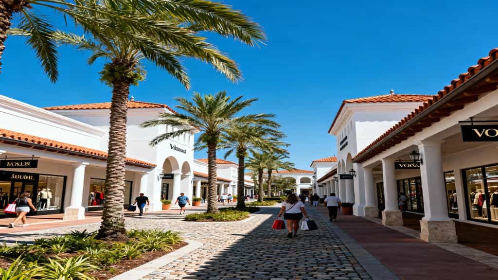 Orlando Vineland Premium Outlets: Palm-lined entrance of Orlando Vineland Premium Outlets with designer storefronts and shoppers in bright afternoon light.