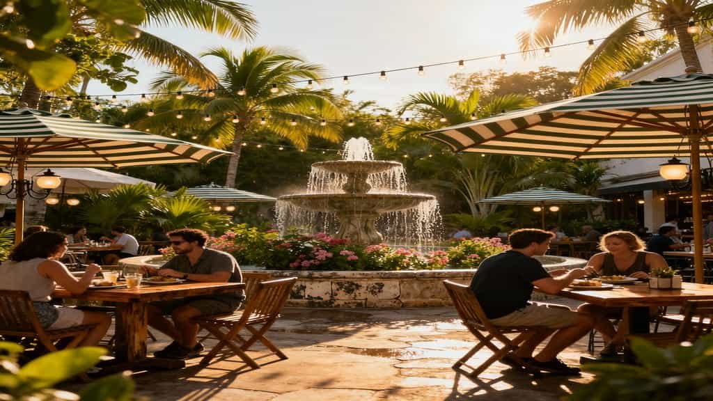 Visitors seated at outdoor food court surrounded by palm trees and cafés at Orlando Vineland Premium Outlets.