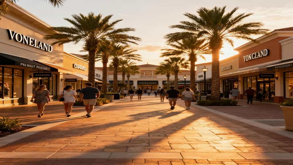 Shoppers walking through the main palm-lined promenade at Orlando Vineland Premium Outlets during sunset.