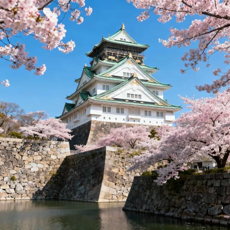 Osaka Castle Tickets: Osaka Castle main tower surrounded by cherry blossoms in bloom, with moat and stone walls in the foreground.