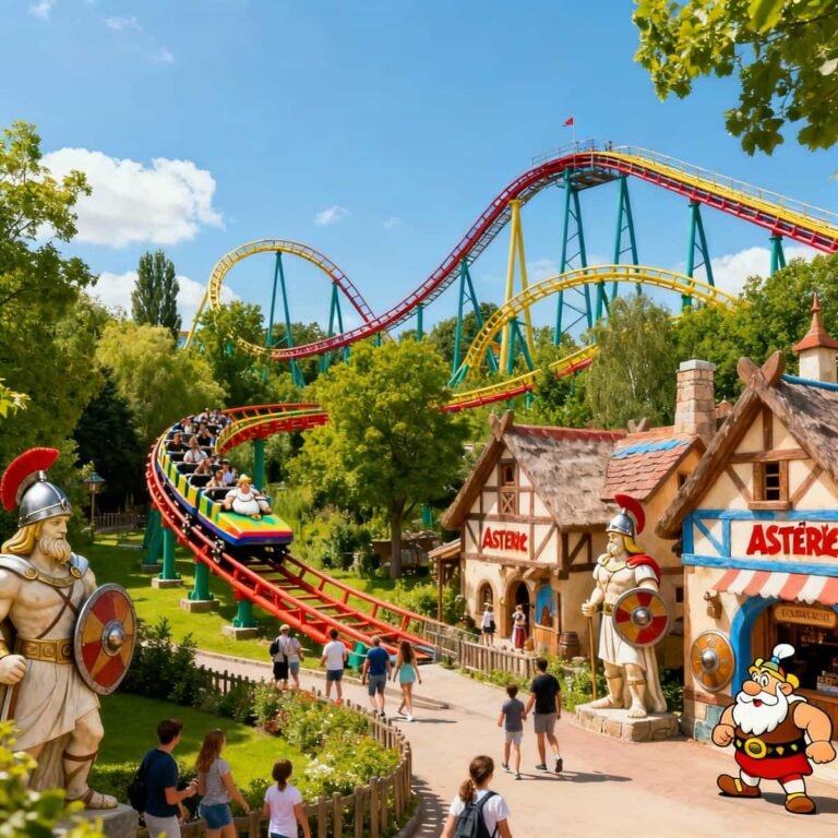 Parc Astérix Tickets: Guests riding roller coasters and exploring Gaulish-themed attractions at Parc Astérix near Paris.