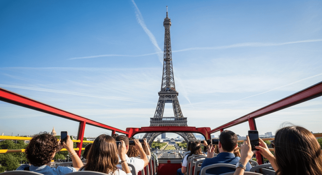 Paris Bus Tour – Hop On Hop Off Tickets: The bus passing the Eiffel Tower