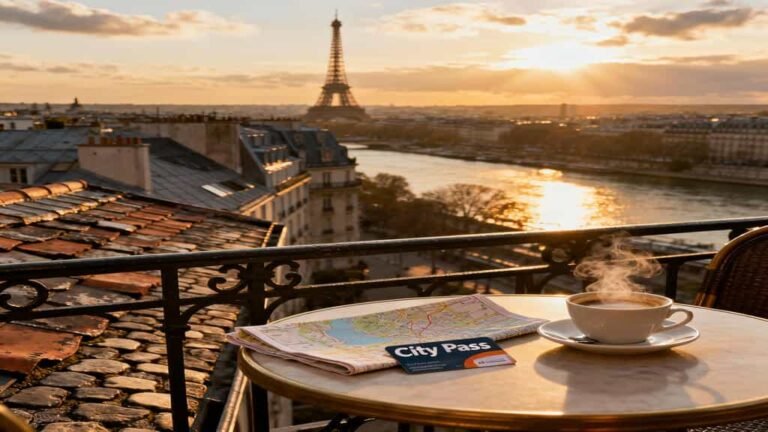 Paris City Pass 3 Day Itinerary: The Paris skyline at sunset with the Eiffel Tower and Seine River; City Pass and map on a café table in foreground.
