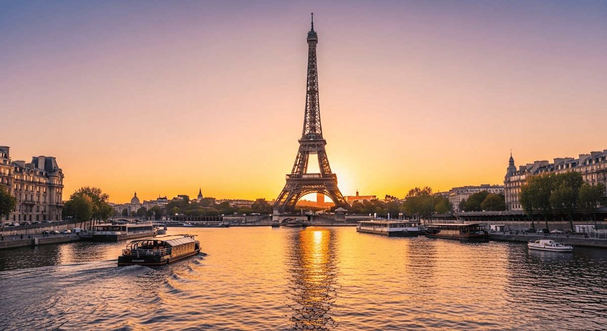 Paris Travel Guide: Eiffel Tower and Seine River at sunset, symbolising romantic Paris travel.