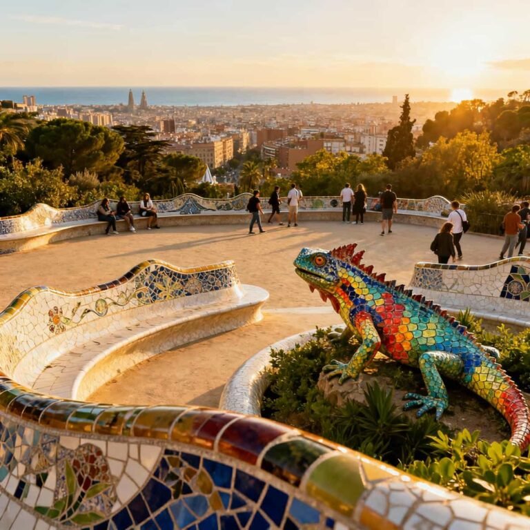 Visitors at Park Güell enjoying Gaudí’s mosaic benches and panoramic Barcelona views.
