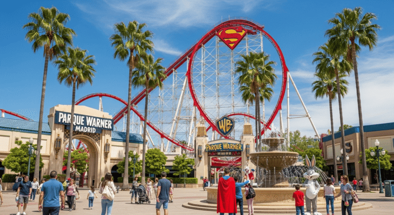 Parque Warner Madrid Tickets: Families at Parque Warner Madrid enjoying rides, characters, and sunny weather near the Hollywood-style entrance.