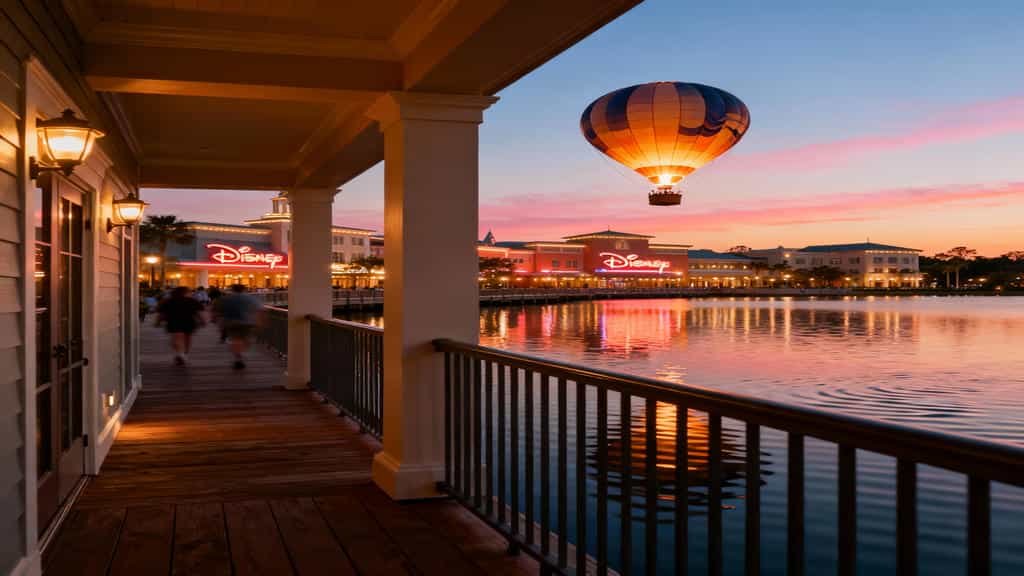 Evening view overlooking Disney Springs waterfront with glowing lights, hot air balloon, and calm reflections.
