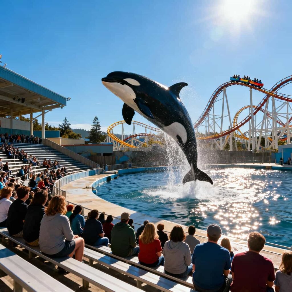 SeaWorld Orlando: Orca leaping during a SeaWorld Orlando show with roller coasters in the background.