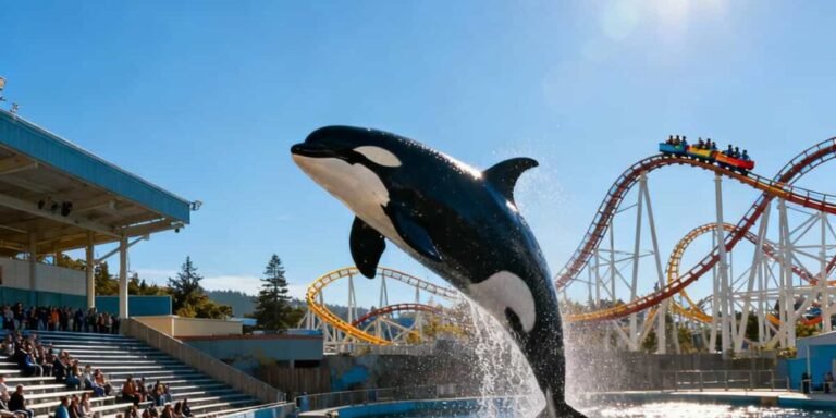 SeaWorld Orlando: Orca leaping during a SeaWorld Orlando show with roller coasters in the background.