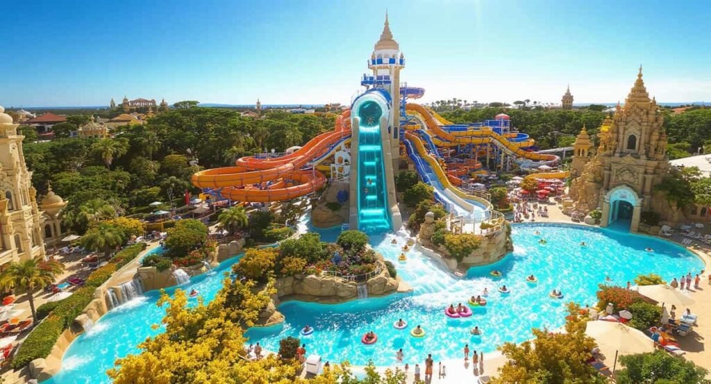 Siam Park Tickets: Aerial scene of Siam Park with the Tower of Power slide, Wave Palace wave pool and lush tropical landscaping.
